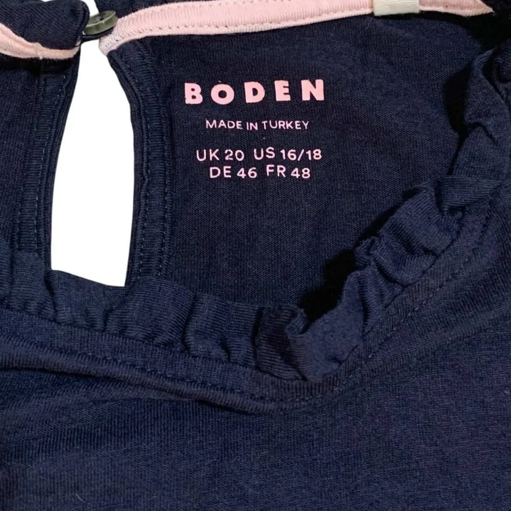 Boden Ruffle Top Womens 16/18 Navy Short Sleeve Puff Knit Dark Academia Style
